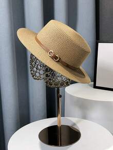 1 件女士新款时尚平顶太阳帽，大帽檐休闲太阳帽，适合海滩、度假、度假，日式草编帽 - 黑色 - 查看 3