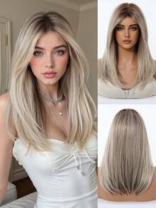 16 Inch Long Straight Wig With Bangs, Ombre Color, Suitable For Women, Synthetic Wig, Suitable For Girls Daily Party Wear, Heat Resistant Long Curly Hair - Blonde Ombre - View 3