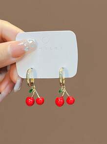 1 Pair Fruit Cherry & Strawberry Hoop Earrings, Cute Girl Daily Earrings Decor