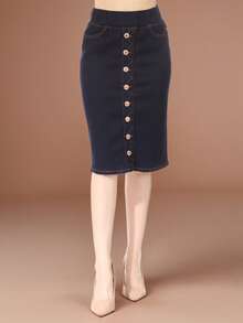 Women Stretch Denim Pencil Skirt Button Down Elastic Waistband  Plain    Casual  Elegant - 深靛藍 - 查看 2