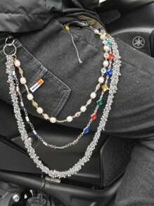 2025 New Model Pearl Pants Chain Three Layers Locomotive Chain Fashionable Men And Women Hip Hop Accessories Retro Keychain