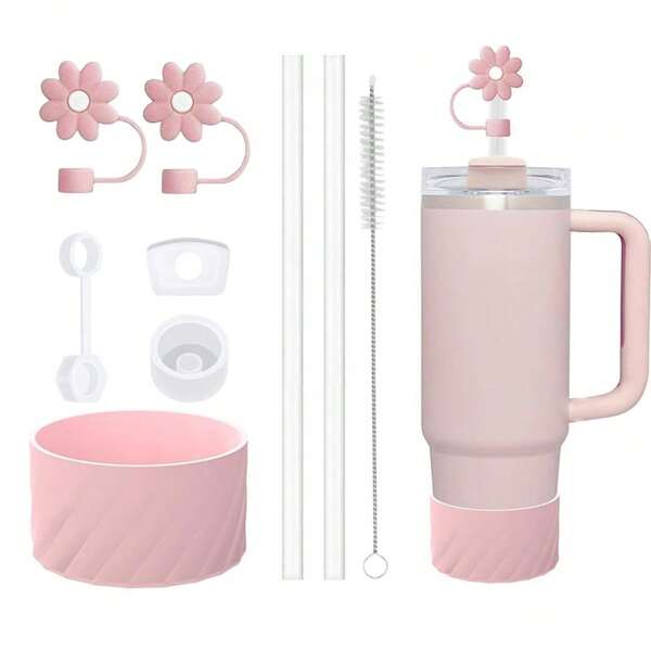 Compatível com Acessórios da Cup, 2 Peças de Capa de Palha de Flor, 3 Peças de Tampa à Prova de Derramamento de Silicone para Copo de 40oz com Tampa e Alça, 2 Peças de Bota Protetora de Silicone para Palha e 1 Peça de Escova, Suprimentos Escolares
