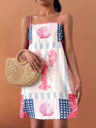 Sea Starshine 夏季波西米亚风时尚休闲度假海滩女式贝壳龙虾格子条纹印花露背短款 A 字裙女士早午餐装