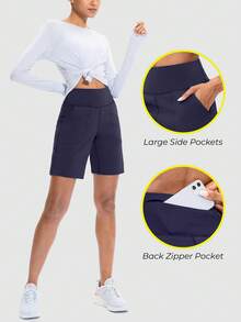 Womens 9" Athletic Long Shorts With Pockets High Waisted Summer Workout Shorts Womens Bermuda Shorts Gym Running Casual - 軍藍色 - 查看 3