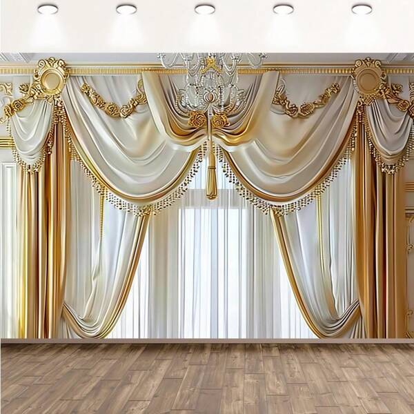 1pc Elegant Golden Cream Polyester Curtain With Chandelier Design - Perfect For Living Room, Parties, Photography Backdrops & Special Occasions, Curtains For Living Room