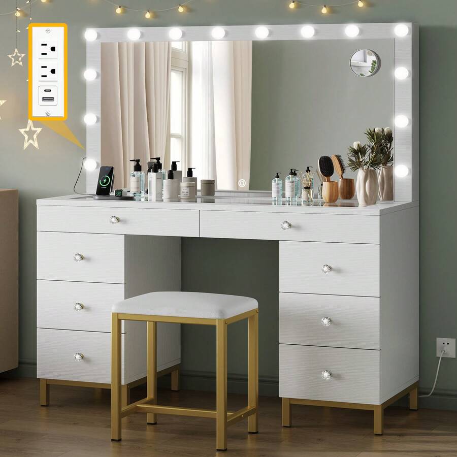 Makeup Vanity Desk Set Come With Stool 8 Drawers Storage Prowar Outlet & LED Lighted Mirror Brightness & Lighting Color Adjustable Vanity Table For Girls Women - trắng - Xem 1