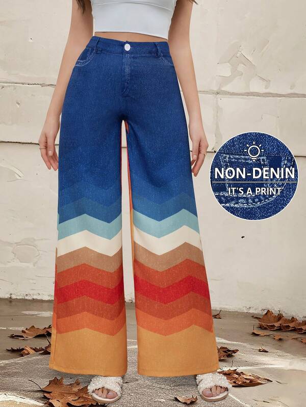 Fitted Color Block Loose Fit Printed Design Creative Vintage Casual Wide Leg Pants