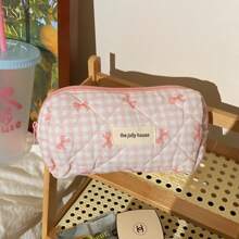 1pc SML Korean Style Plaid Bow Makeup Bag, Large Capacity Portable Travel Toiletry Organizer