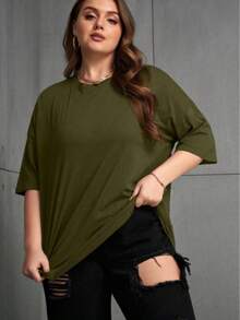 Women's Plus Size Plain Crew Neck T-Shirt,  And Oversized - 軍綠色 - 查看 2
