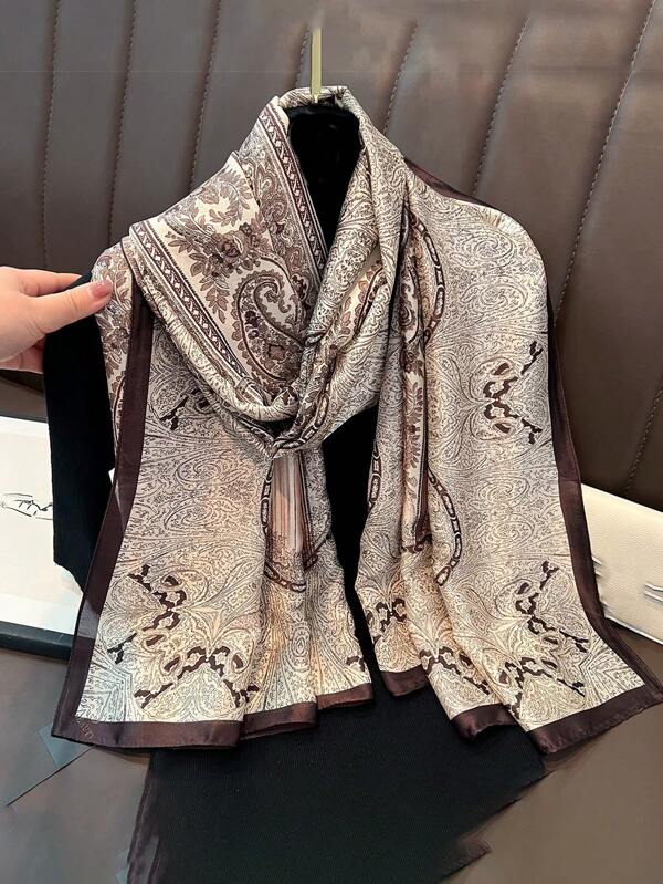 1 pieza Bufanda/capa de 180*90CM con estampado retro en color de paisley, pañuelo grande de satén sedoso con sensación de seda, diseño elegante, ligero y de protección solar, accesorio de regalo para boda y uso en exteriores
