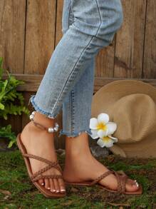 Women's Summer New Flat Sandals, Fashion Woven Square Toe Slip-On Comfortable Ladies Flat Slippers, Simple Versatile Beach Sandals