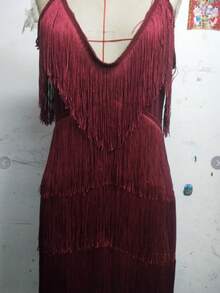 1 件细肩带多层流苏拉丁舞裙，竞赛拉丁舞裙，时尚舞蹈服装，多层流苏设计展现舞蹈的优雅之美 - 黑色 - 查看 10