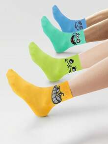 5双男士趣味表情图案袜子，罗纹袜口，中筒袜，适合日常穿着 - 彩色 - 查看 3