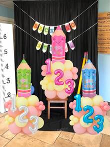 28pcs/Set Back To School Theme Decoration Balloons - Back To School Party Decor Set, Pencil Balloons (Pink/Green/Blue), 16" "123" Slogan Banner Balloons (Silver/Blue/Magenta), 10"/5" Latex Balloons (Light Pink/Light Yellow) - Multicolor - View 8