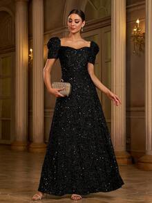 Missord Sweetheart Neck Puff Sleeve Sequin Formal Dress Black Elegant Prom Evening Wedding Guest Gown, For Graduation, Dinner Party Dress