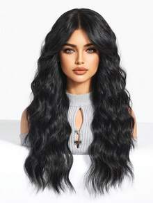 Lange gewellte Perücke mit Pony für Frauen, schwarze Perücke mit 24 Zoll langen lockigen Haaren, natürlich aussehende synthetische Perücke für Mädchen zur täglichen Verwendung oder für Partys und Cosplay