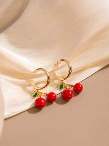 1 Pair Fruit Cherry & Strawberry Hoop Earrings, Cute Girl Daily Earrings Decor