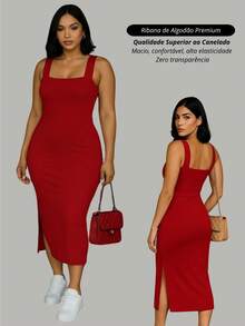 Women's Ribbed Ribana Cotton Long Dress With Slit Elegant Casual Sleeveless Comfortable - 紅色 - 查看 3