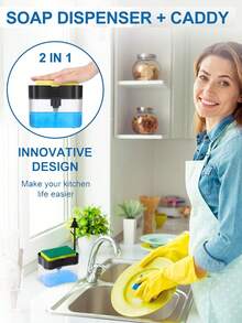 1 件创意厨房皂液器、厨房洗洁精分配器、用于厨房水槽的洗洁精分配器和海绵架，功能增强，含海绵，2 合 1 优质海绵架，用于台面的洗碗皂液器泵 - 彩色 - 查看 3