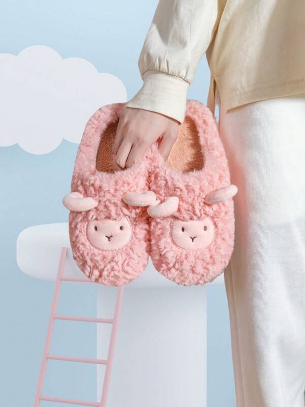 New Slip-Resistant Warm Thermal Lined Couples Pink Women's Home Cartoon 3D Small Sheep Slippers, Cute & Warm For Winter