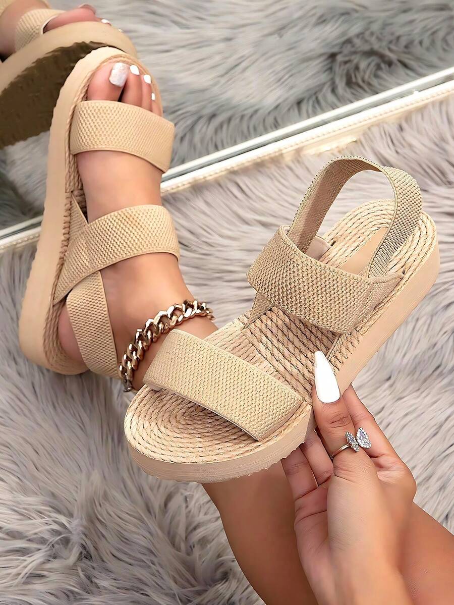 Sandalias de imitación lino beige de tacón medio para mujer, elegantes y ligeras para uso en exteriores, playa y uso diario, pantuflas simples de verano/otoño para mujeres