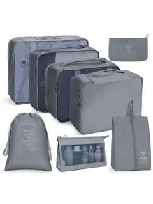 7/8 pièces Ensemble d'organisateur de voyage - Sacs de rangement multifonctionnels, sac à pinceaux de maquillage, sac à cosmétiques, sac à produits de soins de la peau, sac à vêtements, sacs à fermeture éclair, sac fourre-tout, sac à mailles, sac à chaussures, sac à bouteille, sac à cordon, sac général, sac à lingerie, organiseur de bagage, organiseur de bijoux, trousse de toilette. Grande capacité, portable, maille, gain de place, convient au rangement des vêtements, pantalons, sous-vêtements, cosmétiques, articles de toilette, chaussures, nécessités quotidiennes, organisation des voyages