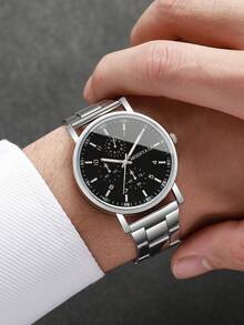 2pcs Classic & Fashion Men's Casual Steel Strap 3-Eye Numeric Scale Dial Quartz Wrist Watch Set, Business Style (Watch Box Not Included) - Silver - View 2