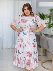 Plus Size Midi Dress Tulle Mesh Three Marias Evangelical Fashion Party Events Santa Modas - 白花 - 查看 5
