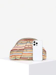 女士复古简约钩针编织托特海滩包，海洋贝壳纹理，安哥拉红铆钉装饰，大容量褶皱云夹手拿包，适合派对、日常搭配 - 彩色 - 查看 4