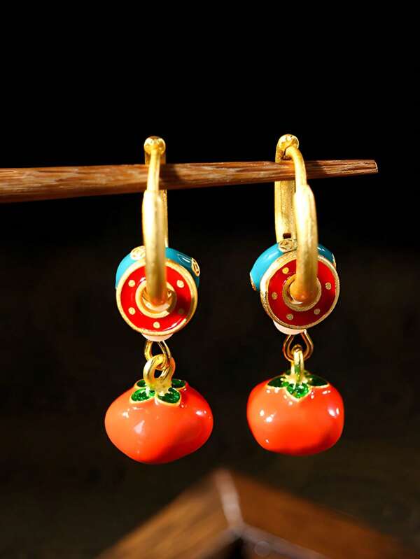 1 Pair Chinese Element "Persimmon Blessing" Hoops, 24K Gold Plated Enamel Painted Jewelry, Suitable For Daily, Dating, Gathering, Commute, Party, Dance, Mother's Day Gift, Teacher's Day Gift, High-End Vintage Bohemian Fashion Jewelry, Elegant And Unique