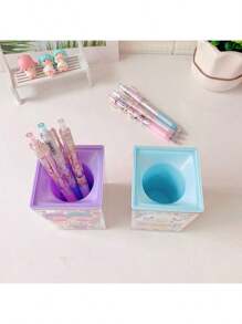 Sanrio 1 pieza Soporte de bolígrafos con pompones de estilo de dibujo animado japonés Kuromi, organizador de escritorio soñador, soporte para pinceles de maquillaje, caja de almacenamiento de artículos de papelería, útiles escolares, de vuelta a la escuela