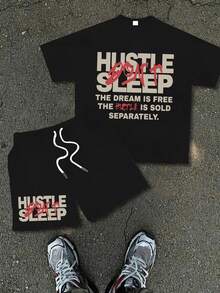 Stylish Hustle Set 220gT-Shirt 185g Shorts, Y2K Men's Printed Short Sleeve T-Shirt Set, Men, Ropa De Hombre, Men Shorts Set, Pantalones De Hombre, Shorts For Men, Graphic Tees Men - 黑色 - 查看 1