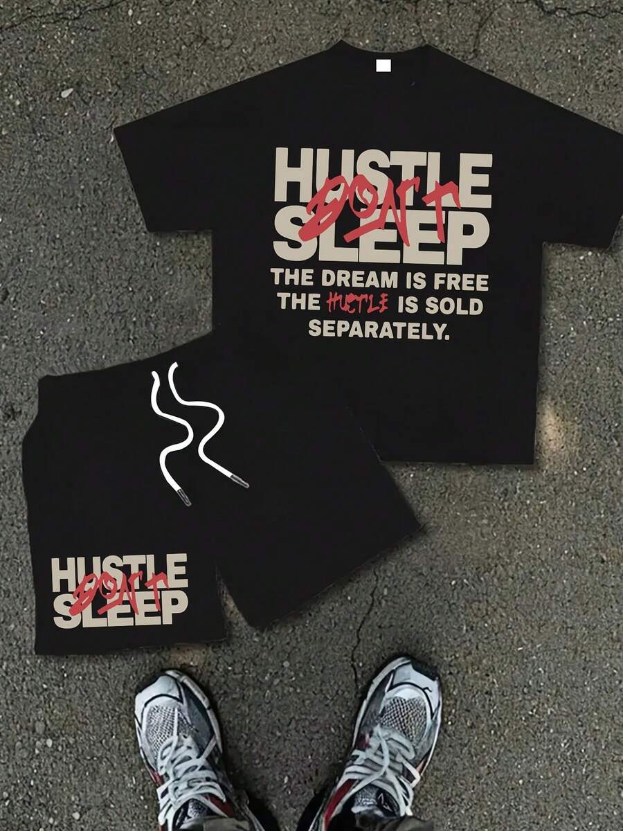 Stylish Hustle Set 220gT-Shirt 185g Shorts, Y2K Men's Printed Short Sleeve T-Shirt Set, Men, Ropa De Hombre, Men Shorts Set, Pantalones De Hombre, Shorts For Men, Graphic Tees Men - 黑色 - 查看 1