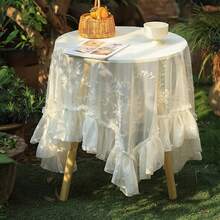 1pc French Floral Lace & Jacquard Tablecloth, Vintage American Ruffled Square/Round Tablecloth For Dessert Stands, Tea Tables, Wedding Decor, Garden Patio, Family Dining, Outdoor Picnic Curtain - White - View 2