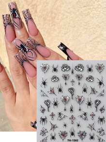 FULL BEAUTY 2 piezas Pegatinas de uñas de Halloween con diseño de rosa de telaraña láser oscura con cruz, diseños deslizantes con brillos de araña gótica Y2K, decoraciones de uñas con dibujos animados lindos