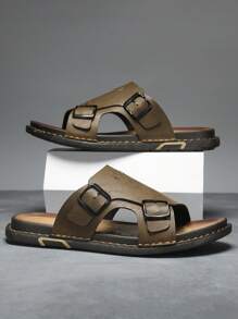 Sandales style arabe classiques pour hommes, tongs noires respirantes, chaussures de plage décontractées à bout ouvert, boucle réglable, haut de gamme, semelle épaisse, imprimé lettre, antidérapante, imperméable, design Glissant convenant aux personnes âgées et d'âge moyen, intérieur et extérieur, voyage, activités quotidiennes