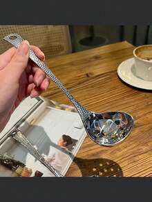 2件套不锈钢汤勺和滤网套装，锤纹长柄火锅勺，家用 - 銀色 - 查看 5