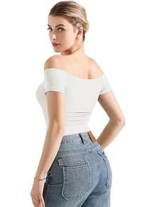 Tops de hombros descubiertos con doble línea para mujer, camisas básicas ajustadas para salir - PERLA - Ver 3
