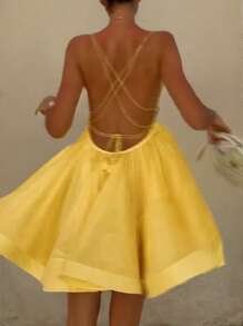 Sexy Backless A-Line Mini Dress, Butter Yellow Spaghetti Strap Dress, Suitable For Vacation, Back To School Party, Homecoming, Halloween Costumes #GalaNight