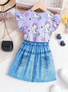 2 peças/Conjunto Camiseta de Manga Curta com Estampa de Unicórnio Adorável Tricotada e Saia de Denim com Estampa de Unicórnio para Meninas Jovens, Primavera/Verão