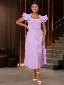 Women's Light Purple Square Neck Ruffle Sleeve Pleated Elegant Mid-Length Dress - Mauve Purple - View 6