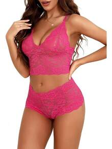 Floral Lace Lingerie Set High Waist Sleepwear Bra And Panty 2 Piece Nightwear 2025 Back-To-School Season Fall Pjs - 玫紅色 - 查看 2