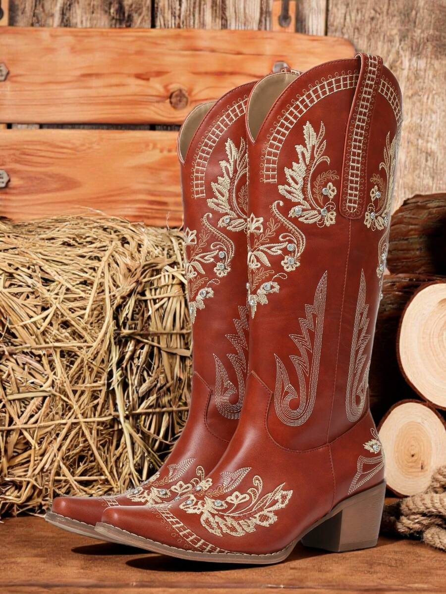 Cowboy Boots For Women Wide Calf Knee High Western Cowgirl Boots Classic Embroidery Pointed Toe Chunky Heel Pull-On Vintage Tall Boots - Đỏ - Xem 1