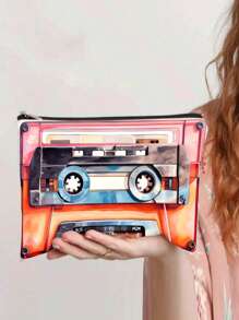 Bolsa de maquillaje con impresión plana 2D de la cinta de cassette vintage "She's So Unusual" de los años 80, un divertido regalo de cultura popular para amantes de la música, con cremallera y diseño retro, lavable a mano, colores mixtos, de vuelta a la escuela