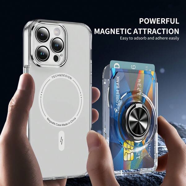 1pc [Innovative Technology Style] Transparent Card/Credit Card Holder Wallet Case, Compatible With Apple 15PRO MAX/16PRO MAX Phone Models, Holds Up To 3 Cards, Magnetic Anti-Slip Shockproof With Hidden Stand, 360-Degree Rotation Phone Grip