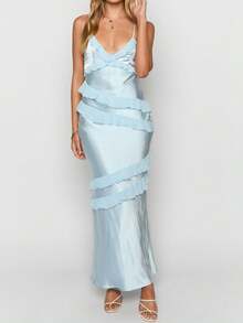 女式夏季纯色细肩带不对称荷叶边露背修身长款浪漫花园派对连衣裙 - 藍色 - 查看 8