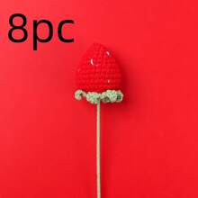 8pcs Handmade Crochet Strawberry Flower Bouquet, Red & Pink, Suitable For Home Decor, Holiday Decor, Valentine's Day & Birthday Gifts, Creative Present