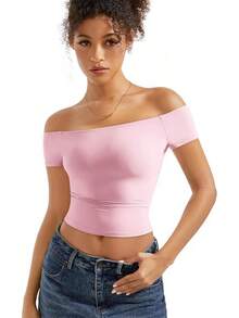 Tops de mujer con hombros descubiertos y doble forro, camisetas básicas ajustadas para salir - Rubor - Ver 4