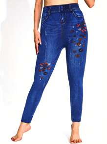 Leggings elásticos de ajuste ceñido de moda casual para mujer, de estilo de calle, de longitud de tobillo, con estampado de vaquero, estrella y flor, con efecto moldeador, cómodos y transpirables para uso diario, deporte y actividades al aire libre