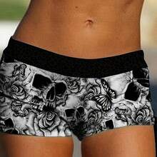 Women 2pcs Rose Skull Print Swimwear Set, Goth Style Holiday Drawstring Bikini Suit - Multicolor - View 4